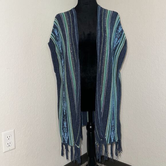 Chaps Poncho Sweater Women's Medium Blue Striped Cotton Knit Fringe Boho Hippie - Picture 1 of 7